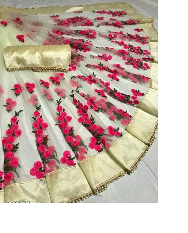 Ethnic Garment Party wear Designer saree surat Embroidery work net fabrics and pearl stone work saris with pearl lace border