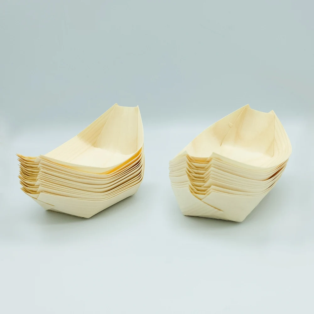 Chinese Hot Sale Decorative Customized Disposable Small Pine Wooden Serving Desserts Cake Food Boats Bowl for Sushi