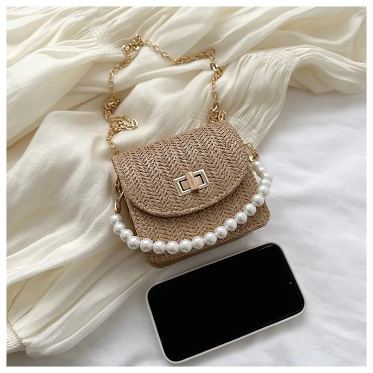 Mini Straw Braided Pearl Chain Shoulder Crossbody Bag Vintage Custom Designer Handbag Summer Fashion Bags For Ladies Girls