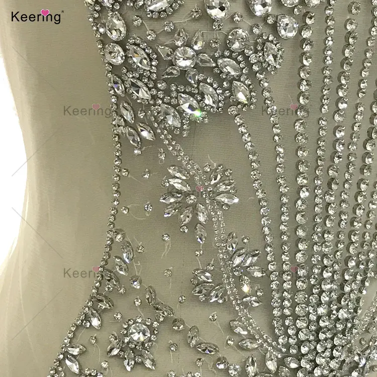 WDP-487 Keering 2024 New Design Handmade Silver Patches Sewing Shiny Rhinestone Crystal Beaded Gown Applique For Wedding Dresses