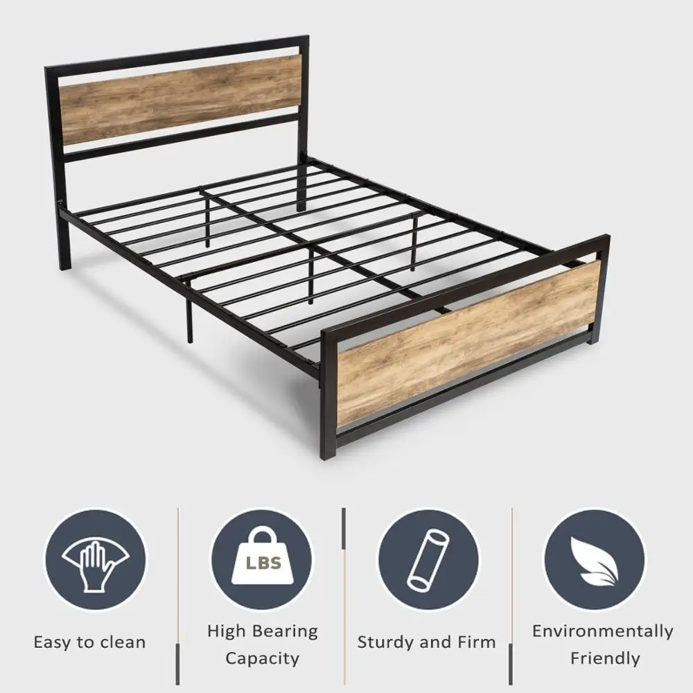 
Full Size Metal Bed Frame with Wood Headboard Platform Bed Frame Strong Slat Support Easy Assembly 