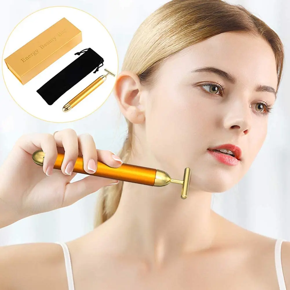 2022 Face Tightening Slimming Massager T-Shape Beauty Bar Skin 24 K Gold Bars Vibrating Face Facial Massager