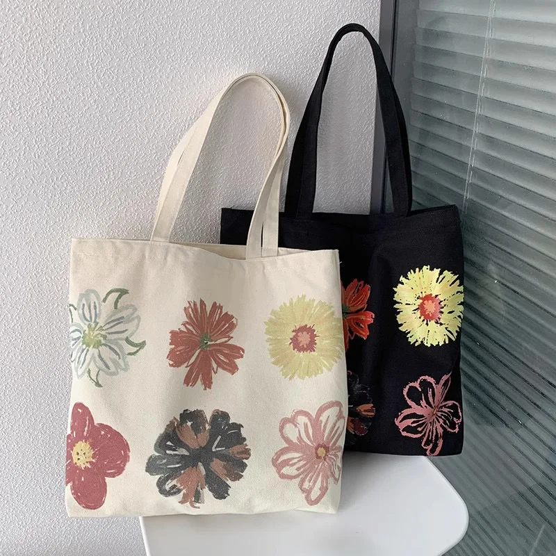 High quality Customise print flower shopping bag school designer floral pattern fabric cotton canvas custom tote bag for women
