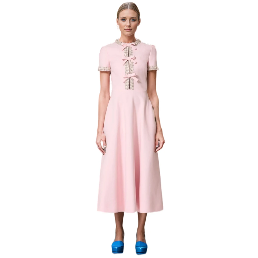 TWOTWINSTYLE 2024 New Arrivals Nail Drill Bow Short Sleeved High Waist a Line Elegant Dress for Women
