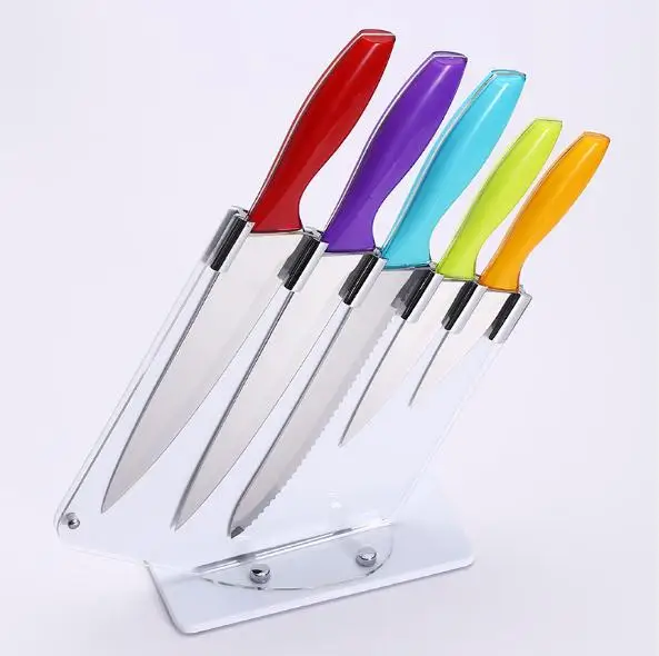 5-piece Colorful Plastic Handle Kitchen Knife Set With Acrylic Block