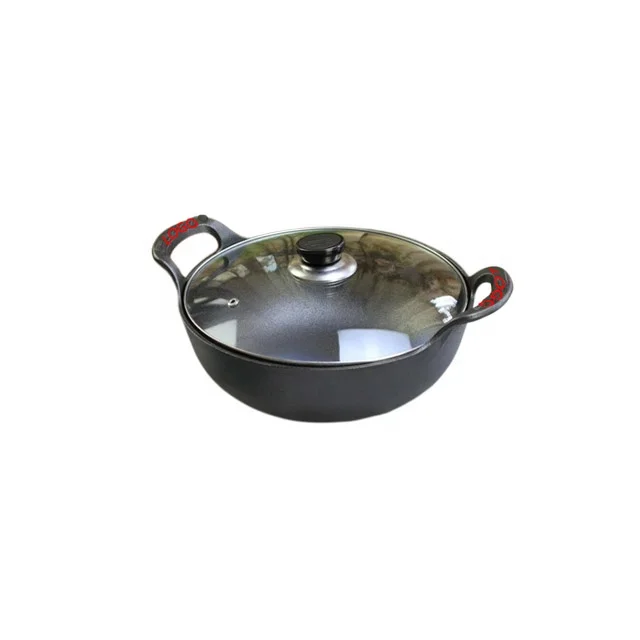Wholesale Factory Stock 20cm Double Iron Handle Cast iron Casserole Cooking Pot With Wood Lid For Home Restaurant Cooking