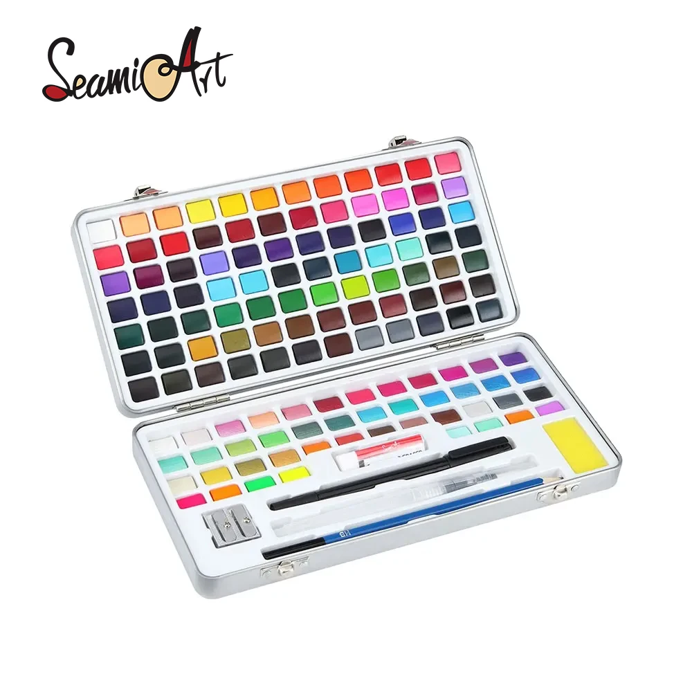 SeamiArt 128 colors solid artist watercolor paint set shimmer metallic with Tin-box for supplies acuarelas aquarela