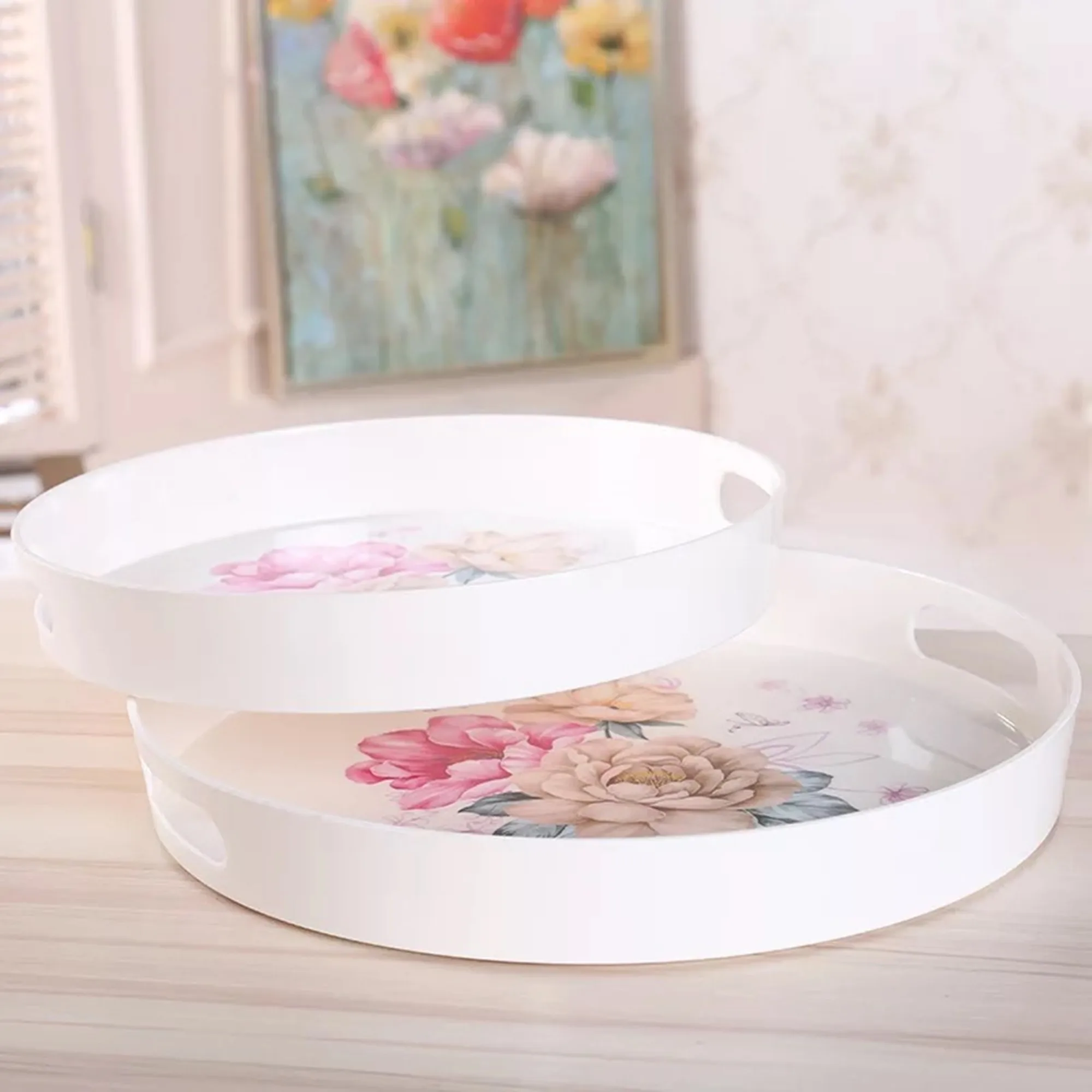 
OEM Service Creative Healthy High Quality Melamine Decorative Serving Round Tray with Handles 