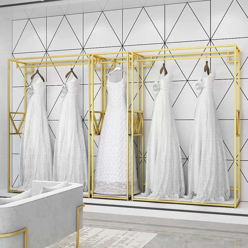 Custom Gold Lady Wedding Dress Garment Display Stand Metal Hanger Rack Furniture for Bridal Store