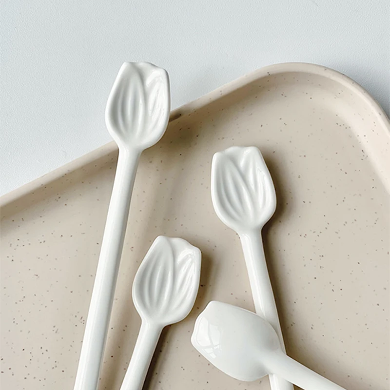 Creative Ceramic Pure White Embossed Tulip Shape Spoon Coffee Cupping Spoon Dessert Spoons
