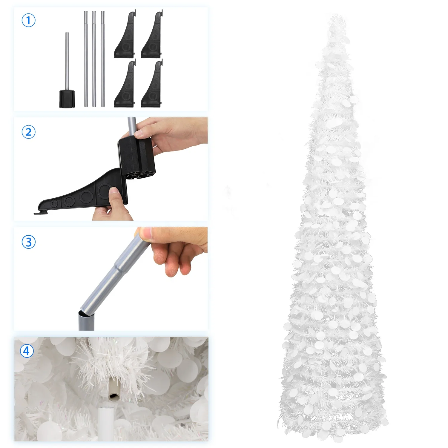 MACTING 5ft Collapsible Pop Up White Tinsel Ornament Christmas Tree Coastal Christmas Tree