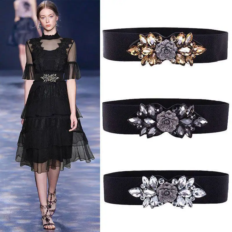 Bling Women Corset Wide Rhinestone Stretch Elastic Belt For Dress Waistband Luxury Elastic Waist Belt