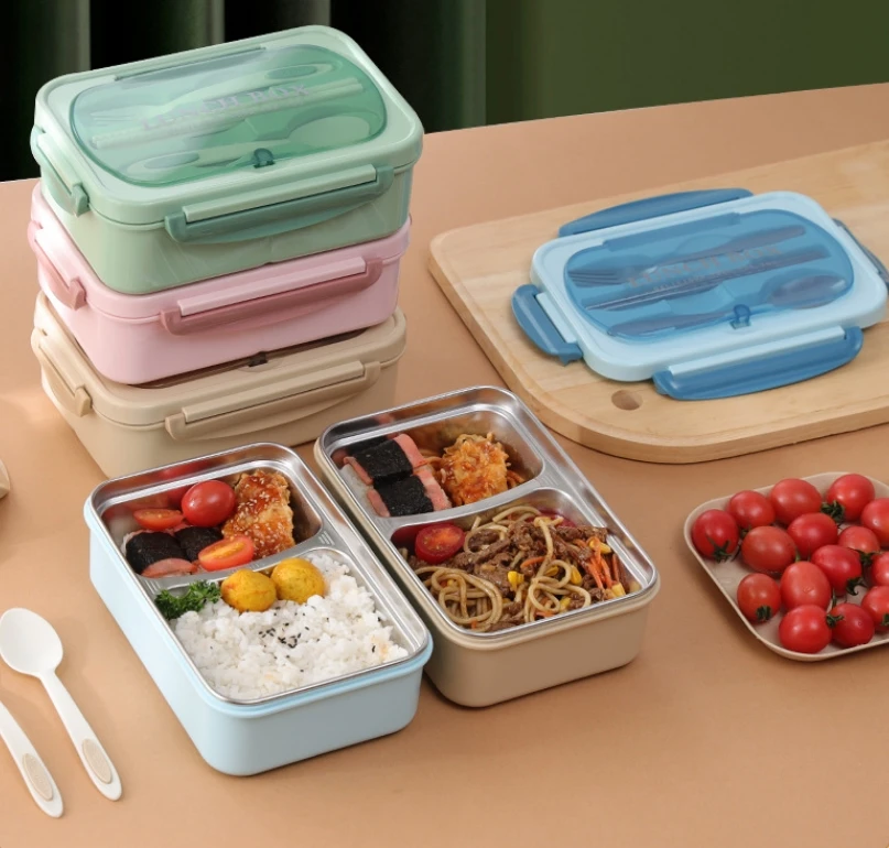 New Custom Logo Portable Stainless steel thermal Bento Box 3 Grids Lunch Container Box Set With Spoon