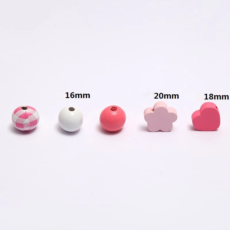 200 pcs Wholesale Pink Flowers, Love Shaped Loose Wood Beads For DIY Bead Bracelet