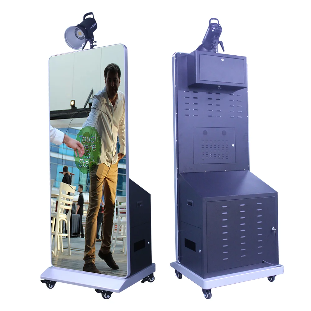 Hot 76 Inch HD Mirror Photo Booth with 49 Inch Touch Screen with Metal Base with Wheels with Flashlight