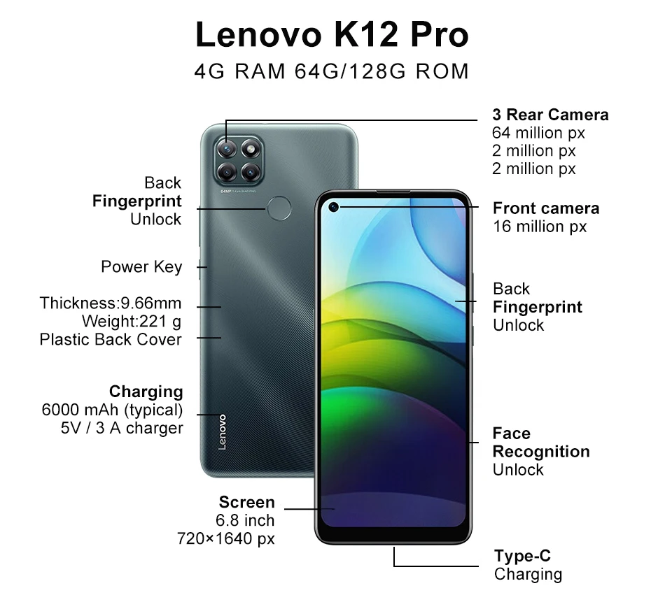 Original unlock Lenovo K12 Pro phone 4G RAM  64G or 128G ROM Snapdragon 662 Octa-core 6000mAh smartphone