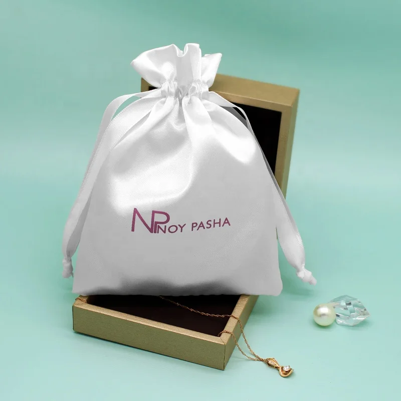 Customized Smooth White Jewelry Gift Bag Silk Satin Drawstring Pouch Bag Wig Storage Bag