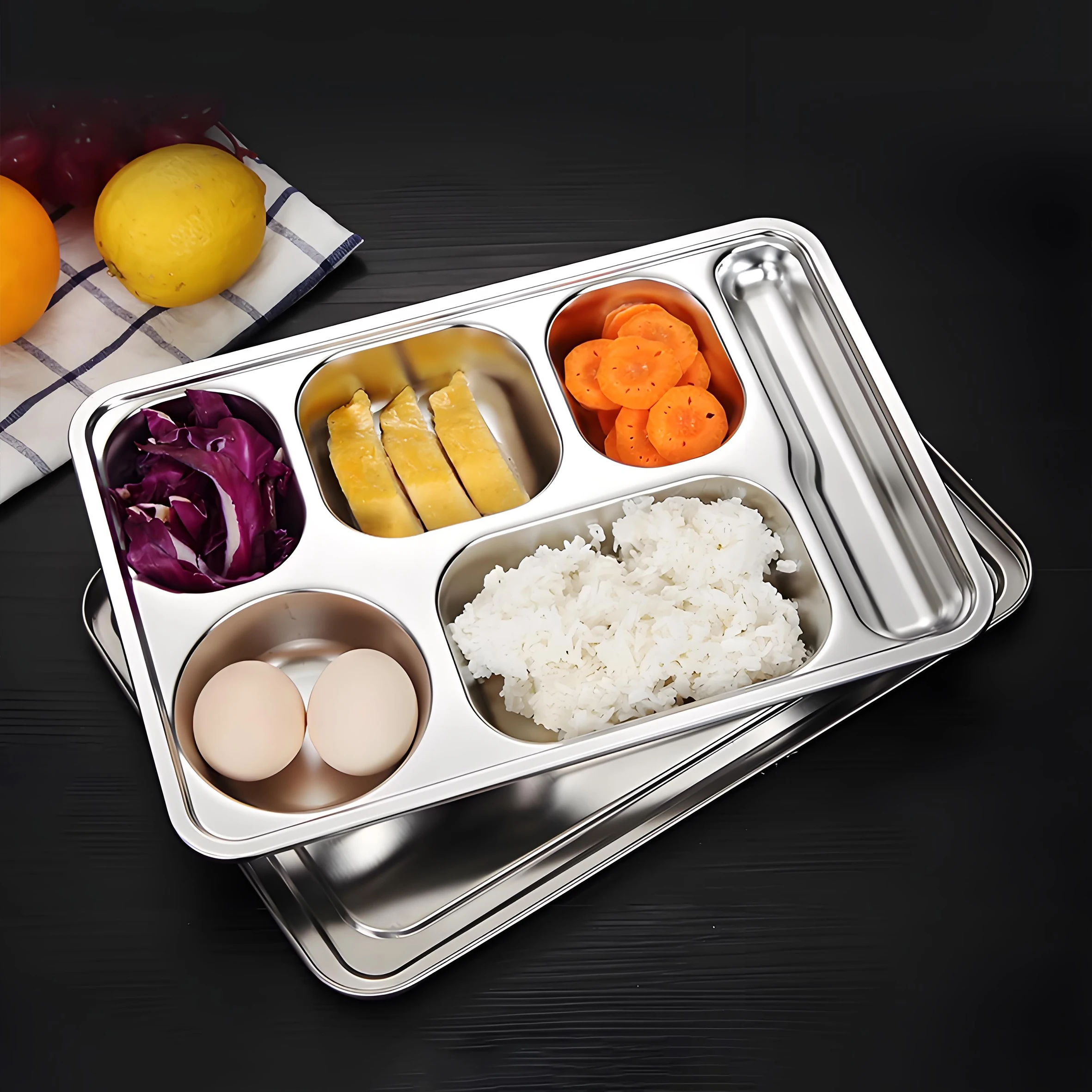 YITIAN School Lunch Box Fast Food 304 Stainless Steel Serving Divided Snack Dinner Plate Tray 5 Compartments Section With Lid