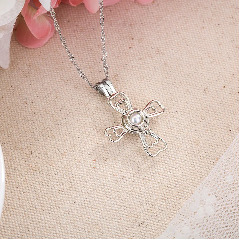 Glow In The Dark Double Hollow Love Heart Cross Cage Locket  Pendant Necklace For Women Men