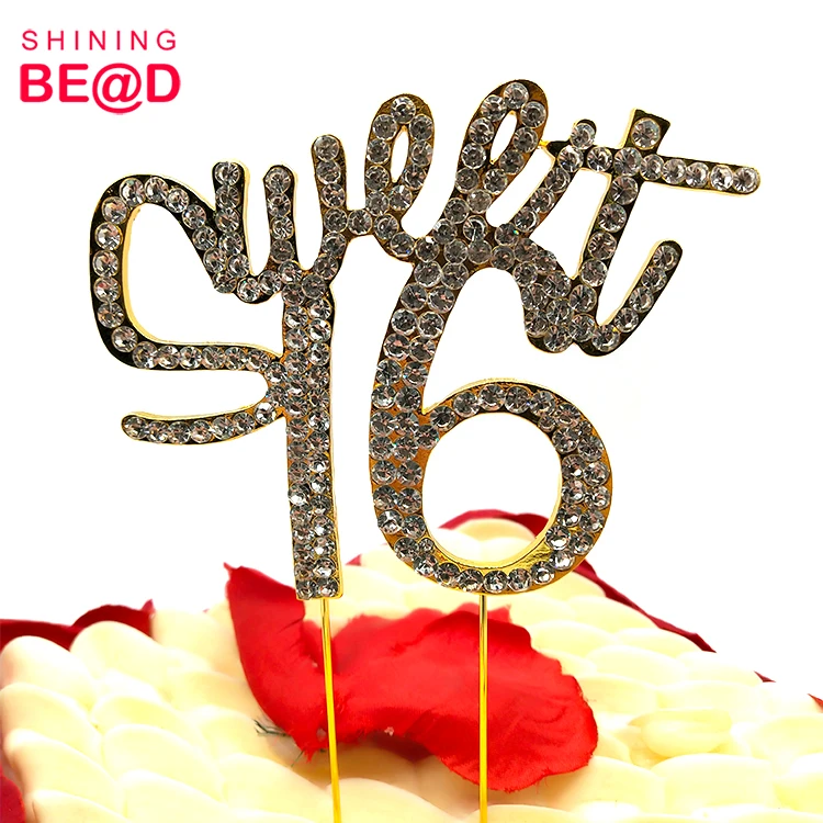 Sparkling Crystal Sweet 16 Cake Topper Gold Alloy Rhinestone Cake Topper for 16th Birthday Party Cake Decoration Favored Gifts