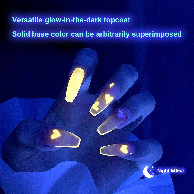 Wholesale Private Label Fluorescent Topcoat 15ml Soak Off Luminous Uv Glow In The Dark Top Coat Nail Gel Polish