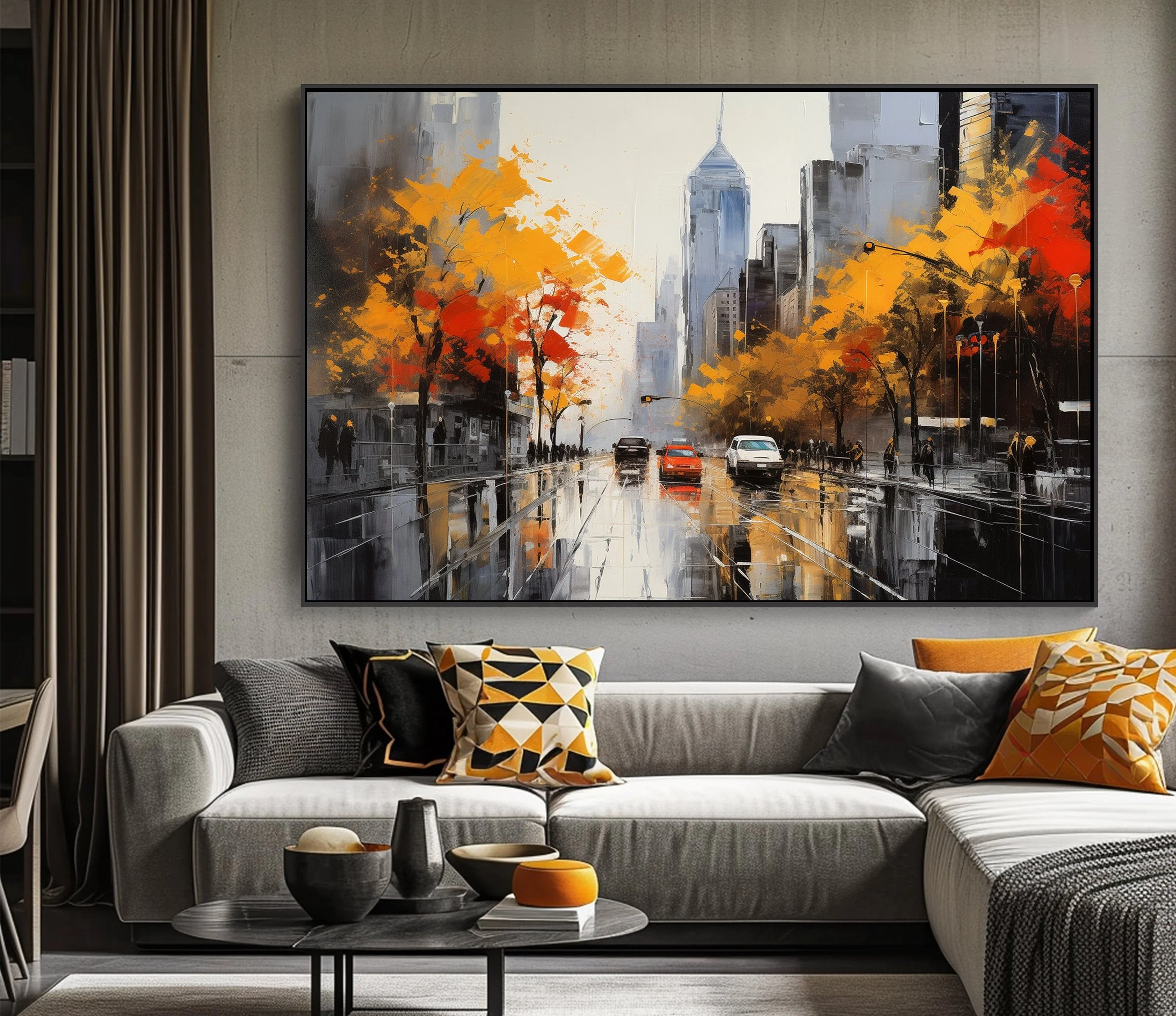 Handpainted City Landscape Abstract Oil Painting on Canvas Thick Texture Home Decor Wall Art Picture with Frame