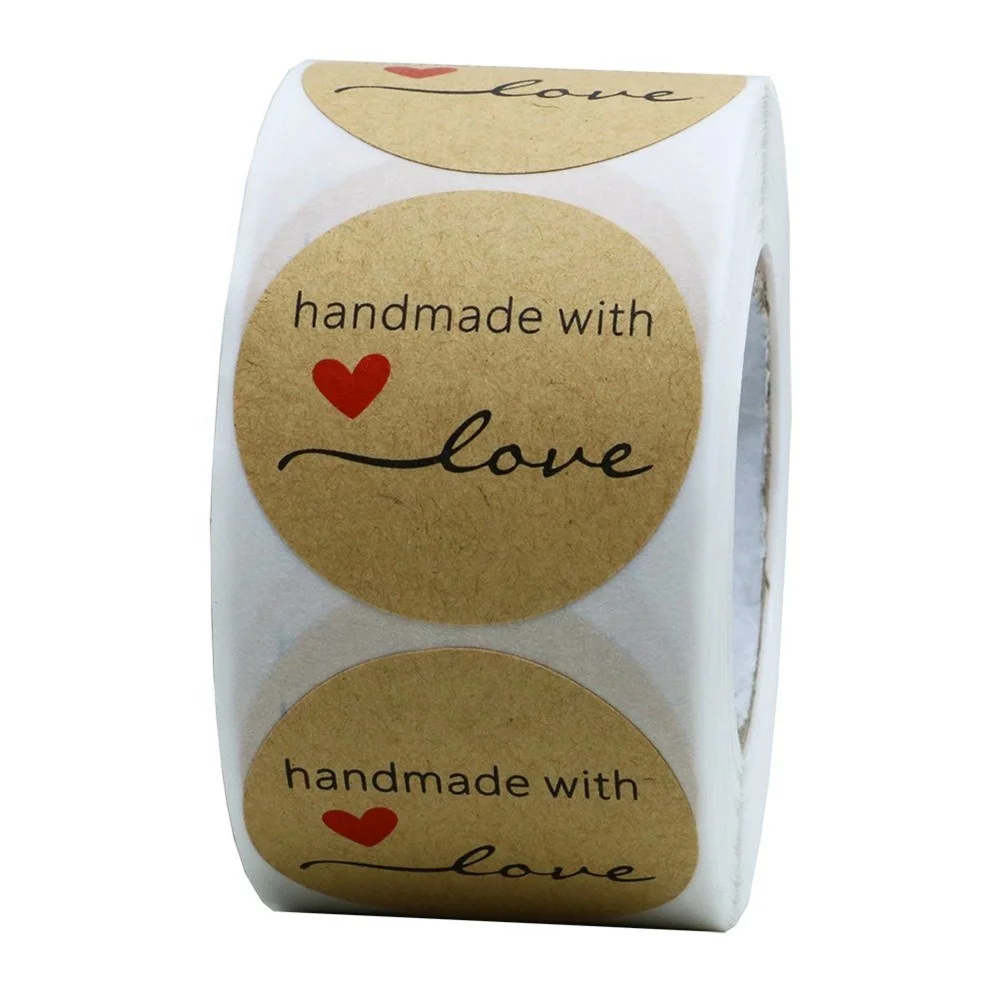 Custom 1.5 Inch Round Natural Kraft Paper  Handmade with Love Stickers Total 500 Adhesive Labels Per Roll