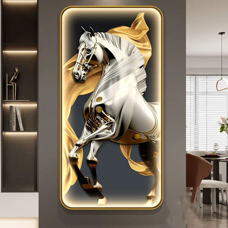 Light luxury round entrance decoration crystal glass LED picture frame horse painting wall frame art