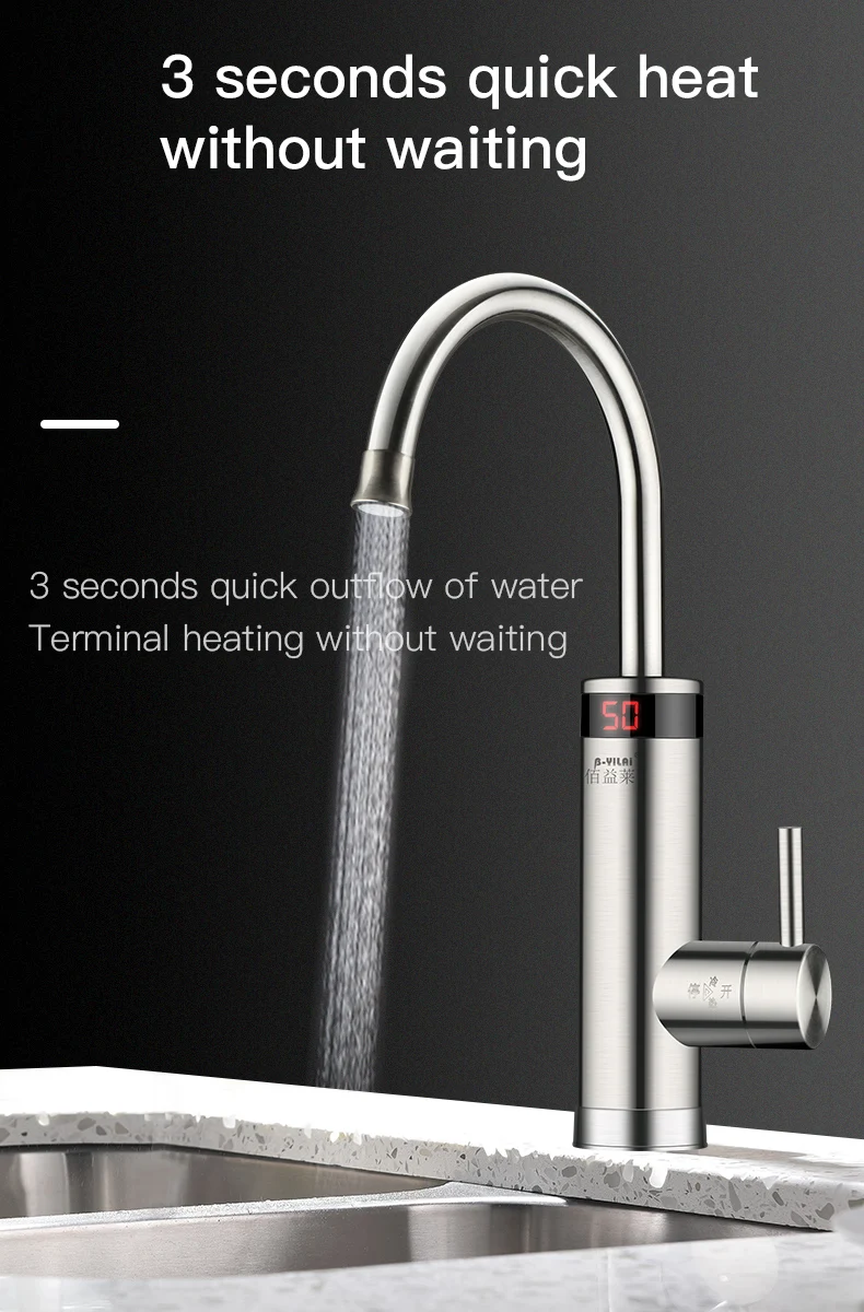 3000W Electric Tankless Hot Water Heater Faucet for Kitchen 3S Instant Hot Water System Shower Use for RV Application