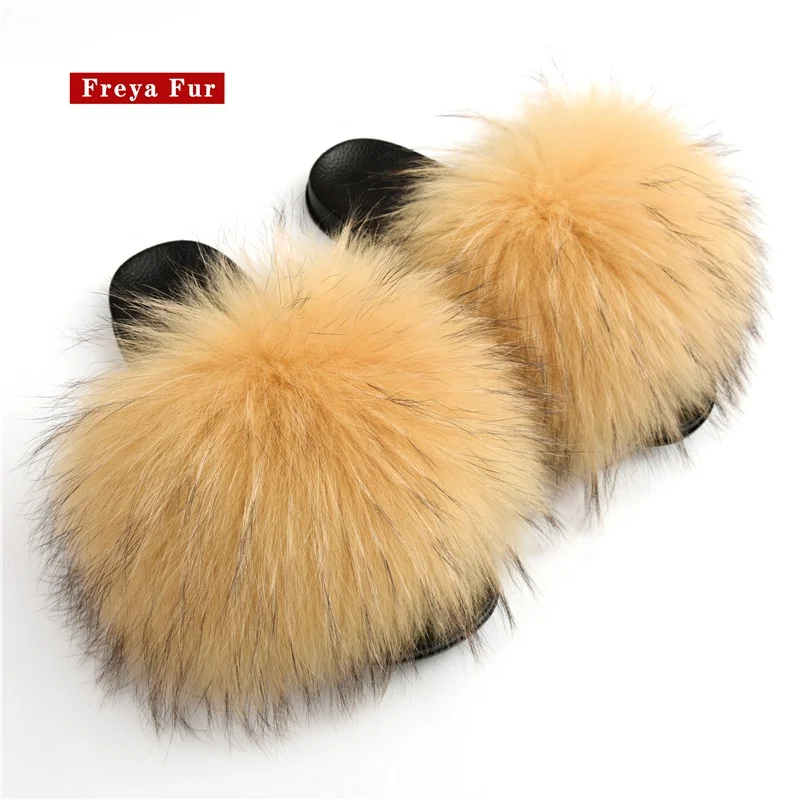 
Wholesale Custom Real Racoon Fox Fur Faux Slide Sandals Indoor Soft Women Fur Slides 