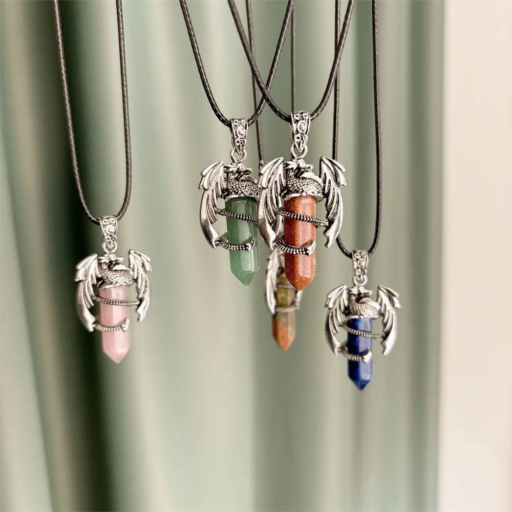 Natural amethyst powder hex prism dragon pendant men women necklaces