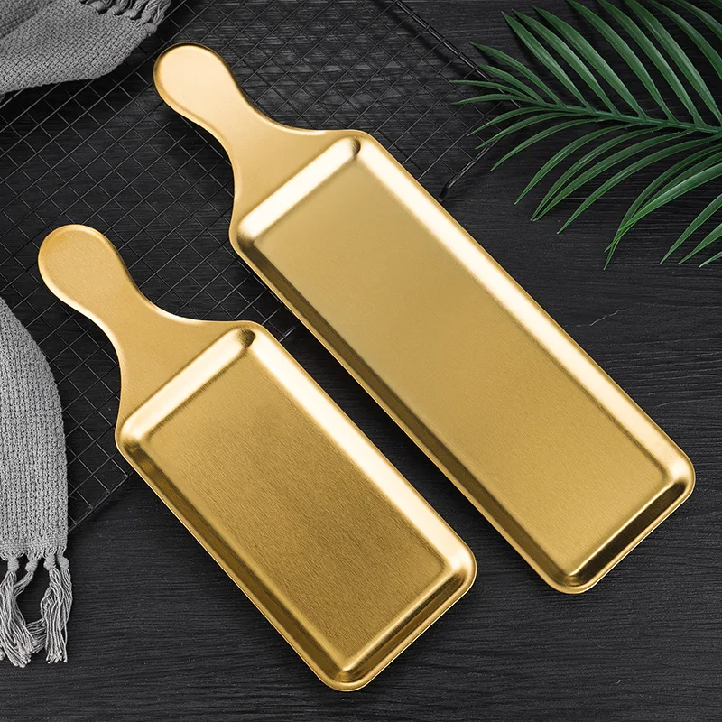 Korean Restaurant Kitchen Hotel Stainless Steel Serving Tray Gold Square Plate With Handle