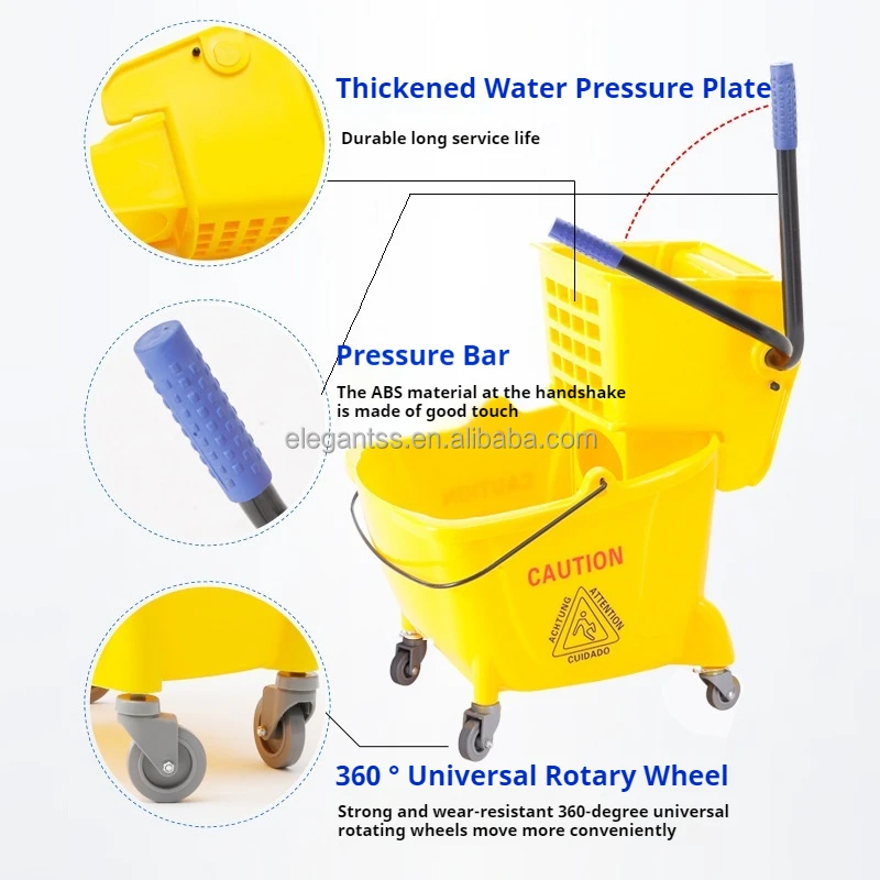 Janitorial Down Side Press PP Plastic Cleaning Commercial Mop Bucket With Wringer Wheels