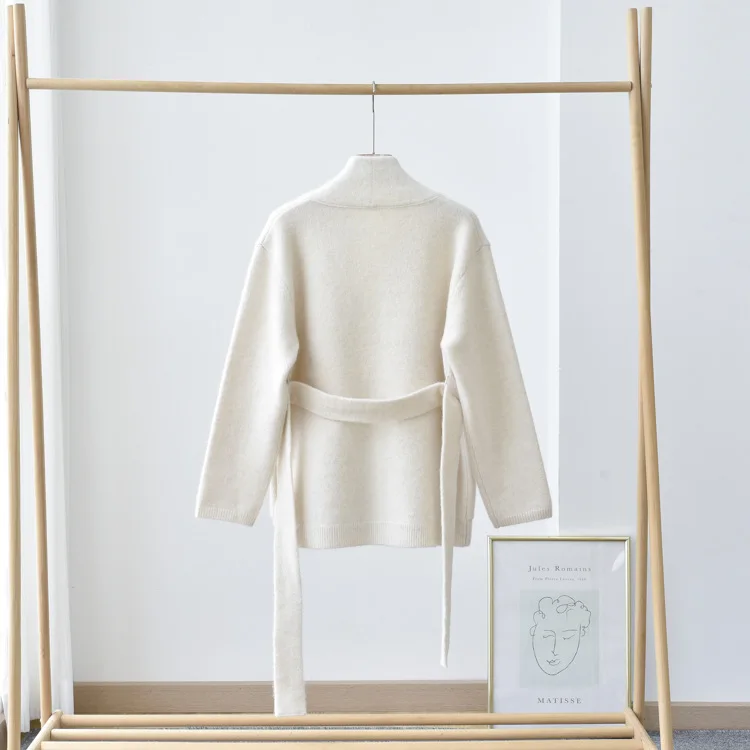 Factory wholesale wool alpaca Cardigan with belt women long sleeve soft hand Knitted Jacket Fall Winter Warm Coat for Ladies