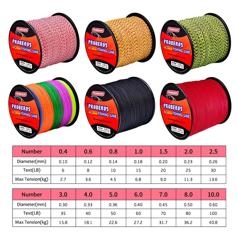 PROBEROS Fishing Line 4 Stands Braid Fishline 300M/328Yards PE Braided Line Multifilamento De Pesca
