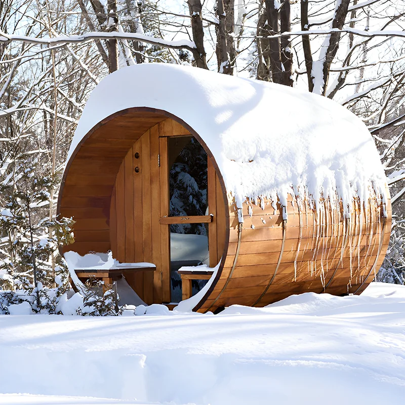 High Quality Modern 4-Person Canadian Red Cedar Outdoor Barrel Steam Sauna Room With LED Lights And Bluetooth Accessories