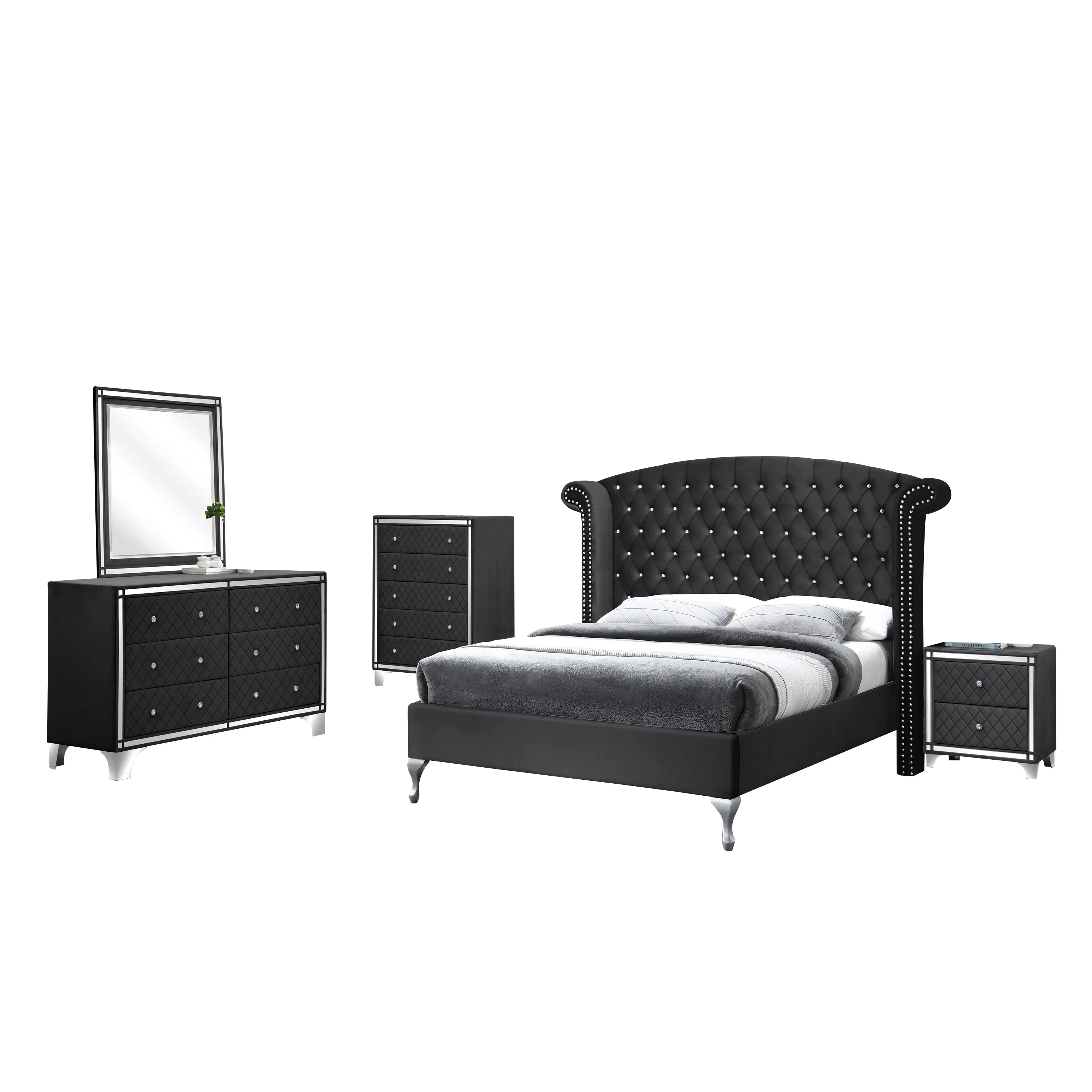 New Cleopatra 5 Pcs Upholstered Bedroom Set Full Velvet Grey Complete With Bed/ Dresser/ Chest Of Drawer/ Night Stand And Mirror