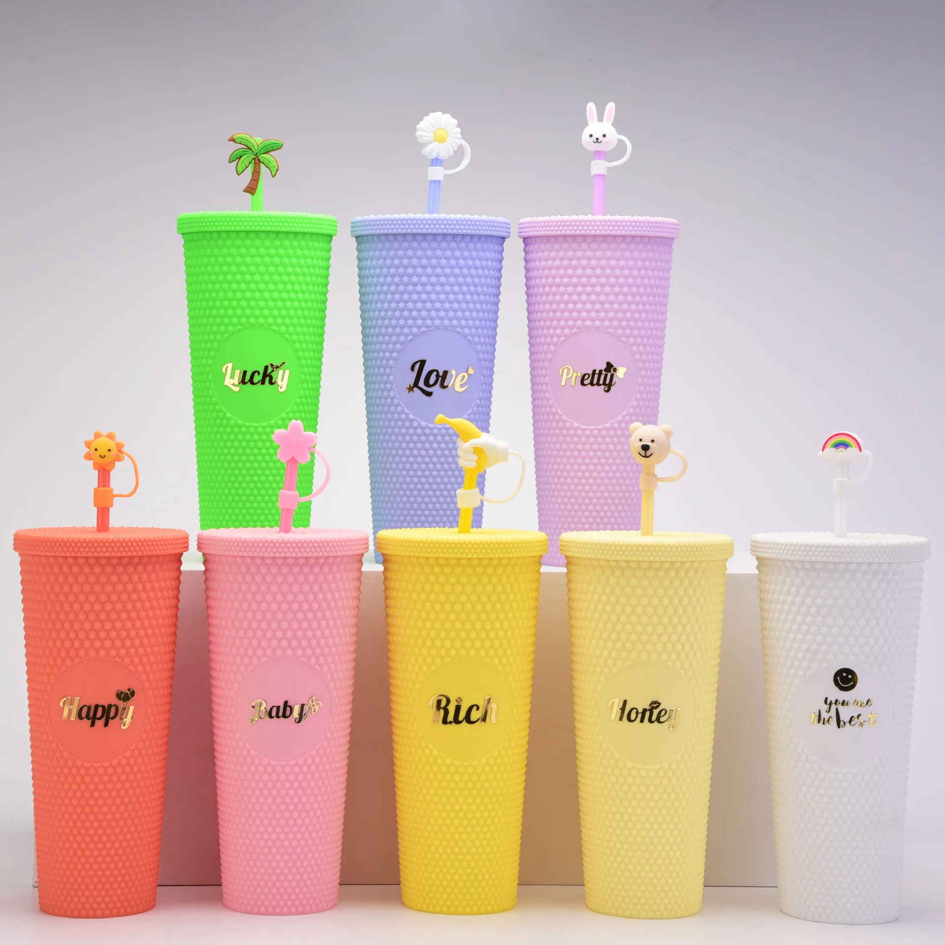 Wholesale Custom Logo Reusable 16oz 24oz Drink Cup Double Wall Matte Plastic Tumbler Grid Collection Cup With Lid Straw