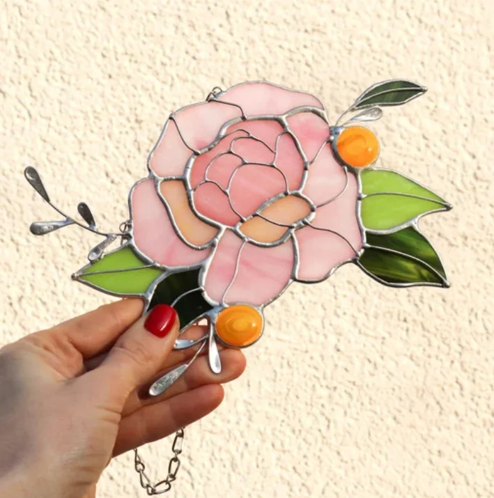Peony Stained Glass Pendant Window Decoration Home Decor Garden Natural Raw Crystal Crafts Sun Catcher