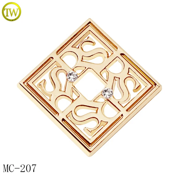 Fashion gold logo tags maker bikini accessory hollow out sewing metal label badge with crystal