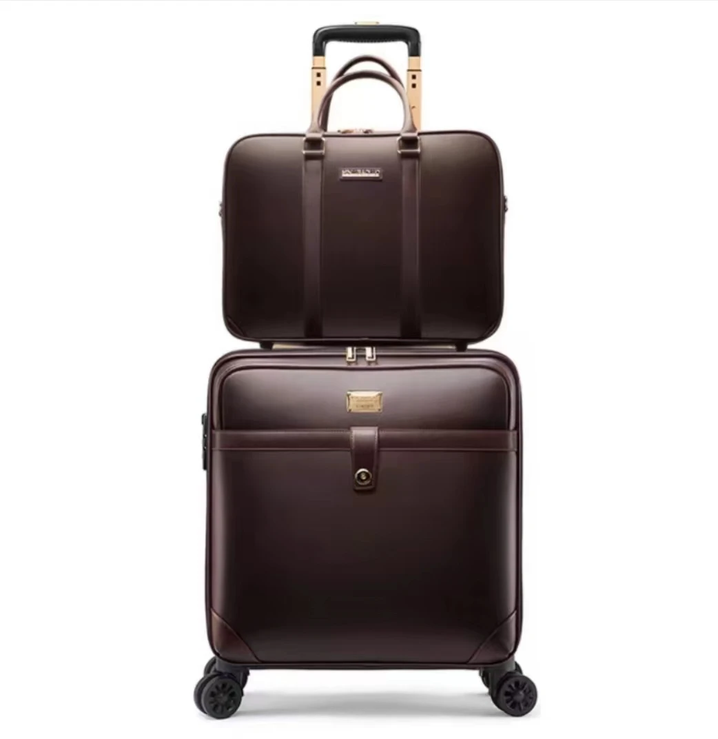 High Quality Soft Genuine real leather 360 Degree TSA lock 24 inch 16 inch Carry On Luggage laptop bag Travel Set Luggage Case