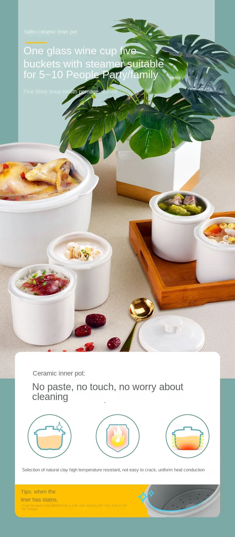 Tonze big capacity 5.5L multi use programmable ceramic stew pot with food steamer smart slow cooker crock pots