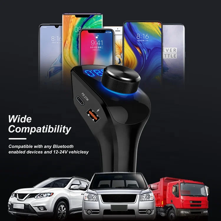 PD 27W BT Car Stereo BT Car Charger MP3 FM Transmitter Kit Hands Free call Aux output 3.5mm Audio MP3 Wireless BT Car Adapter