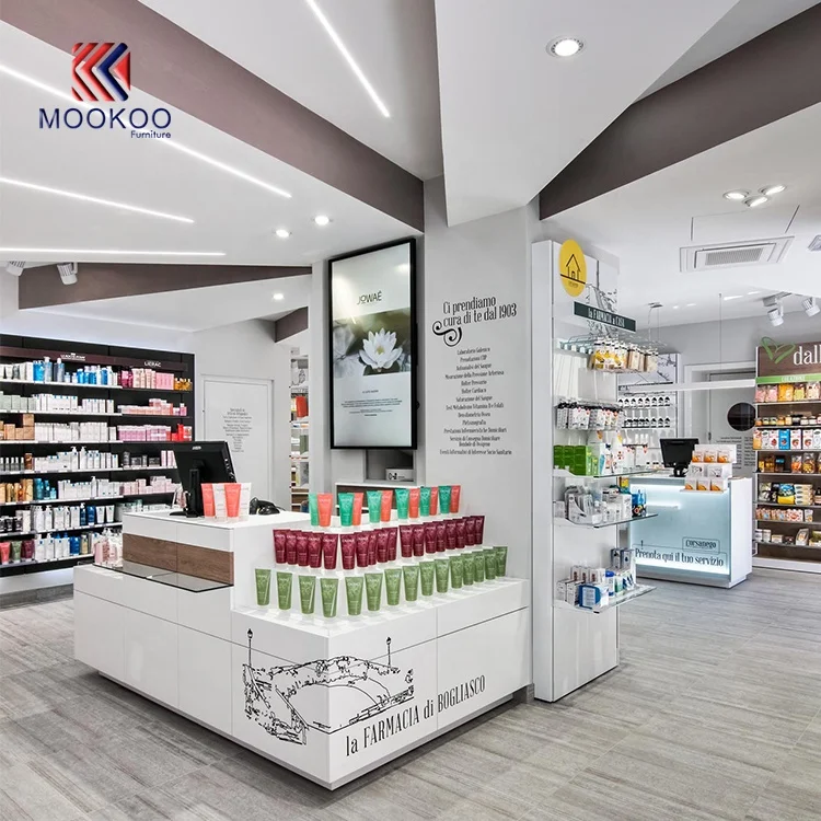 Modern Style Wooden Pharmacy Shop Showcase Drug Store Display Shelves with Cashier Counter