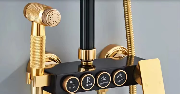 Luxury Shower Column 4 Functions Rain AL Black Gold Hot and Cold Brass Bathroom Shower Set Kit