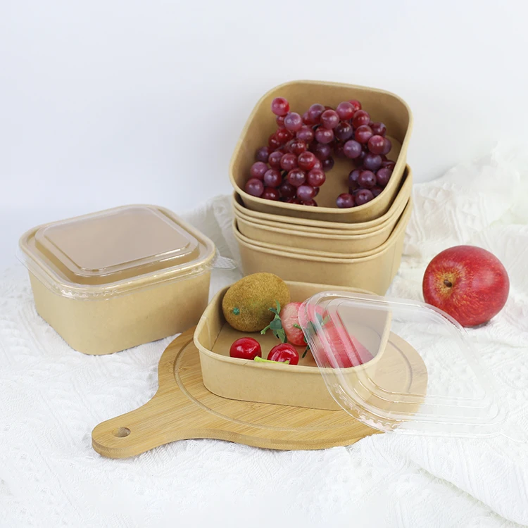 Factory Direct Compostable Biodegradable 750ml 1000ml 1200ml Square Kraft Paper Kraft Bowl Paper Food Container With PP PET Lid