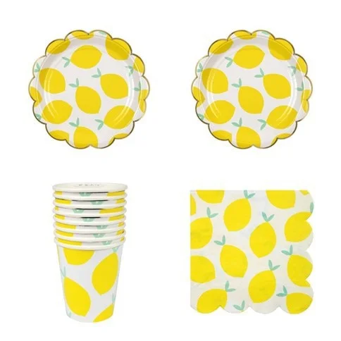Summer Party Supplies Yellow Lemon Paper Plates Cups Napkins Birthday Party Baby Shower Tableware DIY - 8pcs/Set KPT357
