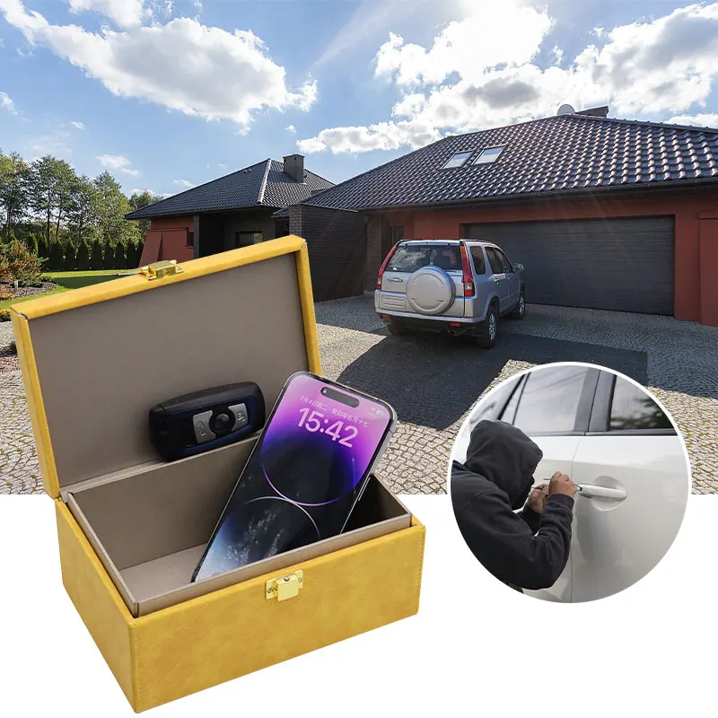 Car Keyless Faraday Cage Box with Colour PU Leather Shell Anti Theft Key Fob RFID Signal Blocker Security
