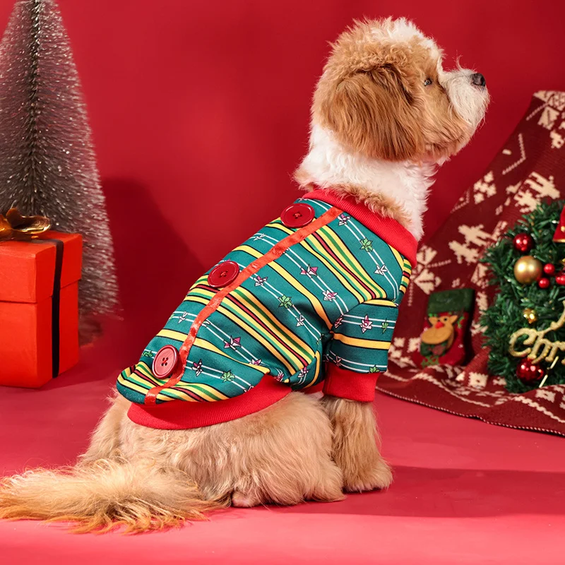 2024 Christmas Clothes for Dog Costume Pet Dog Hoodie Winter Warm dress  Stripe Pattern Fashion Pet Cloth