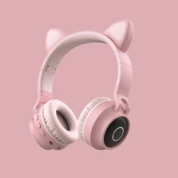 Dropshipping Pink Wireless Cat Ear Headphones Music LED Lovely Kids Earphone